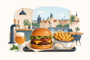 Ilustrace zavedené burger restaurace v Praze na prodej